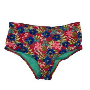 Hollister Bikini Bottom High Waist Size M / L Tropical Floral Red Blue Swimwear